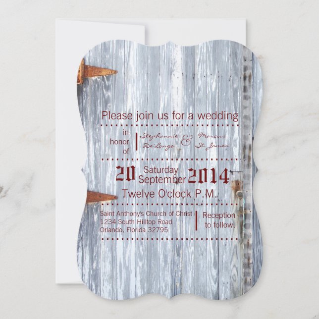 5x7 Wedding Invitation White Wash Wood Barn Door C (Front)