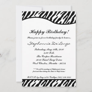5x7 White & Black Zebra Birthday Party Invitation
