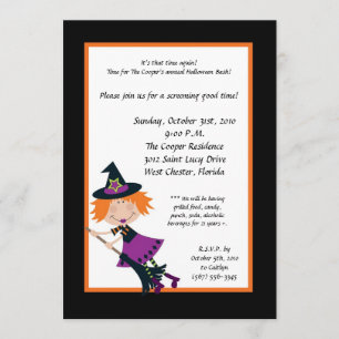 5x7 Witch on Broom Halloween Bash Party Invitation