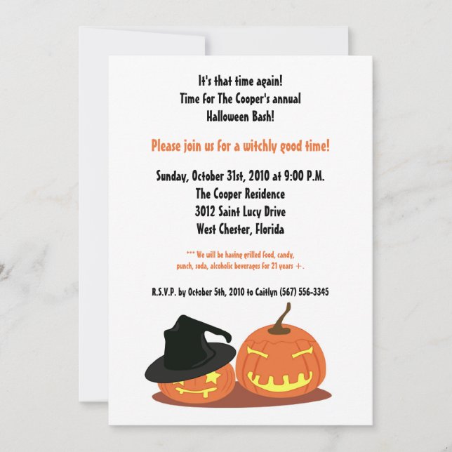 5x7 Witch Pumpkins Halloween Bash Party Invitation (Front)