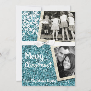 5x7  XMAS Christmas Blue Glitter Snowfl PHOTO Card