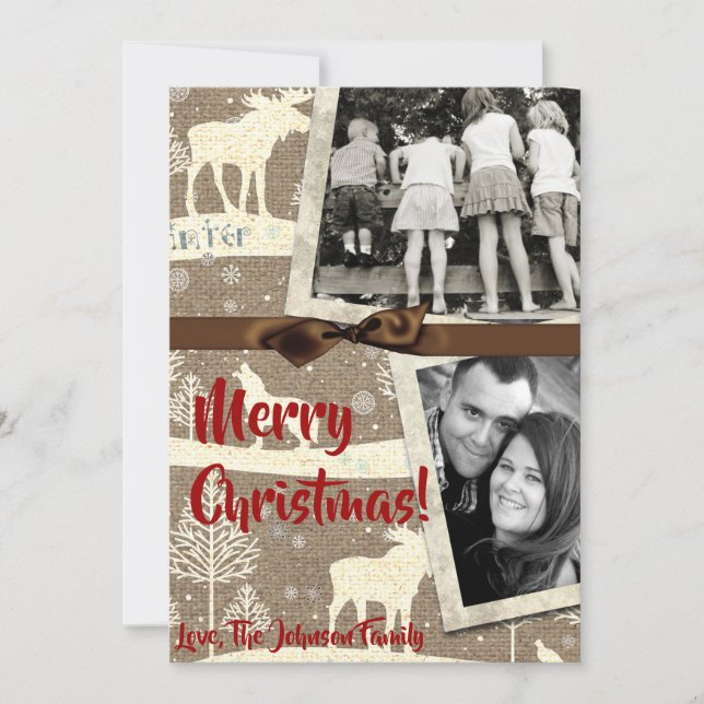 5x7 XMAS Christmas Burlap Deer Doe Buck PHOTO Card (Front)
