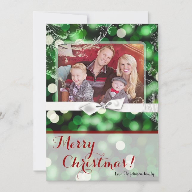 5x7 XMAS Christmas Green Bokeh Lights PHOTO Card (Front)