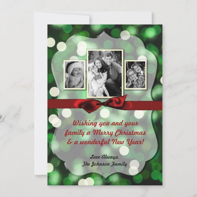 5x7 XMAS Christmas Green Bokeh Lights PHOTO Card (Front)