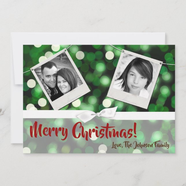 5x7 XMAS Christmas Green Bokeh Lights PHOTO Card (Front)
