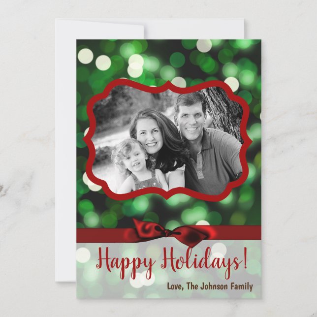 5x7 XMAS Christmas Green Bokeh Lights PHOTO Card (Front)