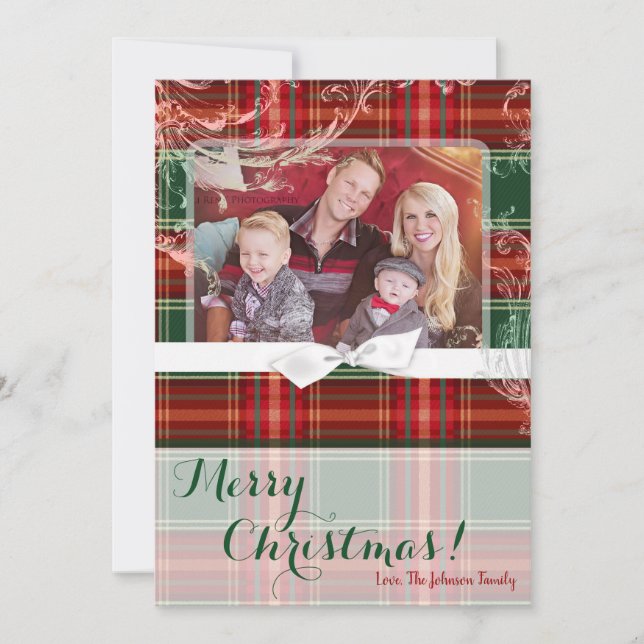 5x7 XMAS Christmas Red Plaid Fabric PHOTO Card (Front)