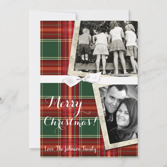 5x7 XMAS Christmas Red Plaid Fabric  PHOTO Card (Front)