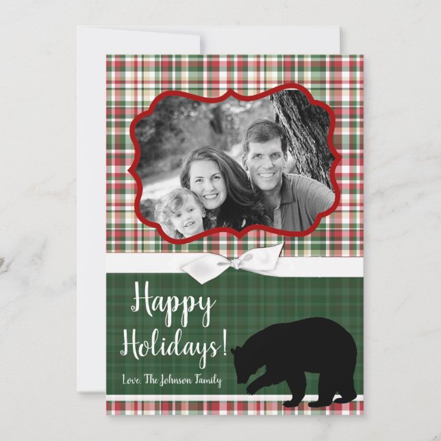 5x7 XMAS Red Christmas Plaid Bear Fabri PHOTO Card (Front)