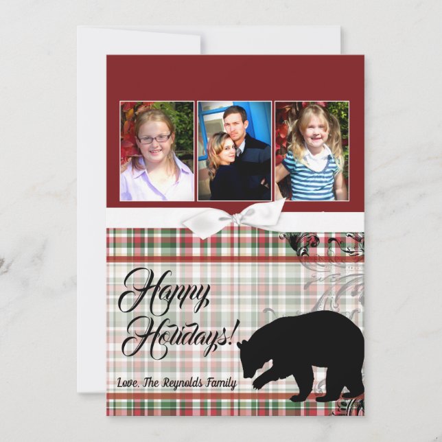 5x7 XMAS Red Christmas Plaid Bear Fabri PHOTO Card (Front)