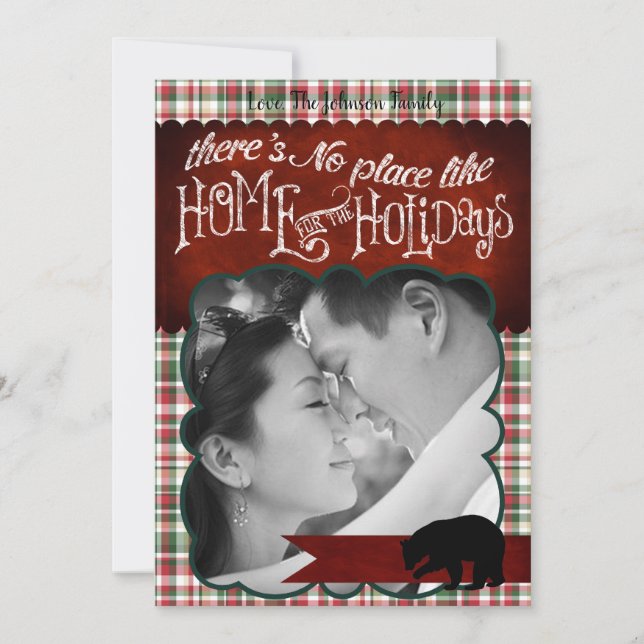 5x7 XMAS Red Christmas Plaid Bear Fabri PHOTO Card (Front)