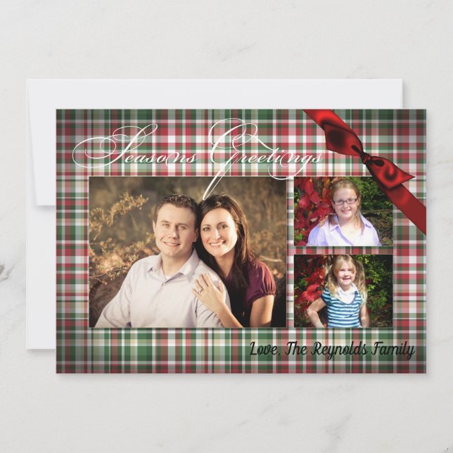 5x7 XMAS Red Christmas Plaid Bear Fabri PHOTO Card (Front)