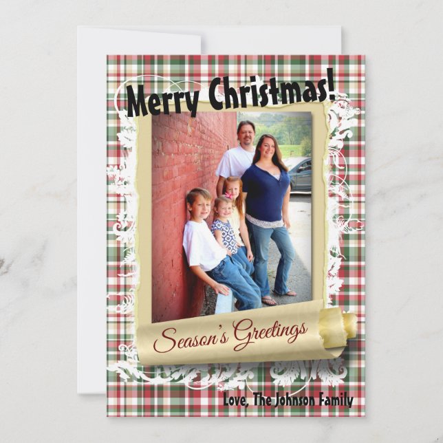 5x7 XMAS Red Christmas Plaid Bear Fabri PHOTO Card (Front)