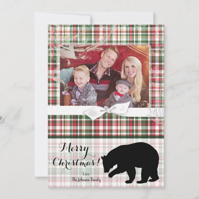 5x7 XMAS Red Christmas Plaid Bear PHOTO Card (Front)
