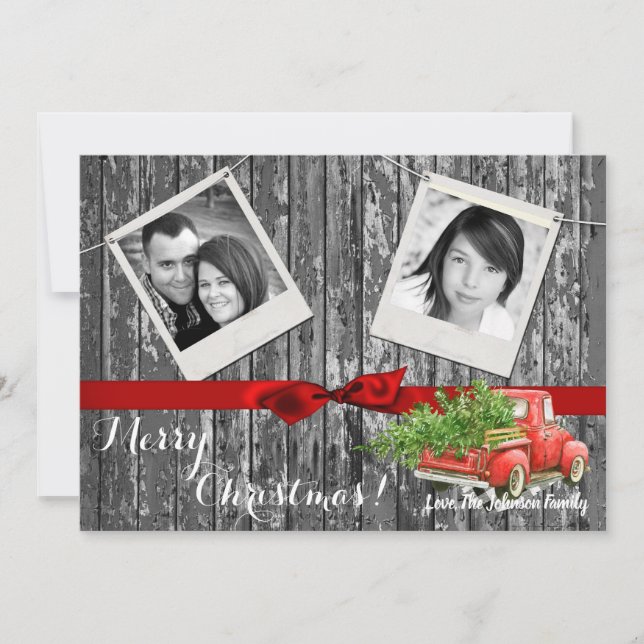 5x7 XMAS Red Christmas Truck Tree Wood PHOTO Card (Front)