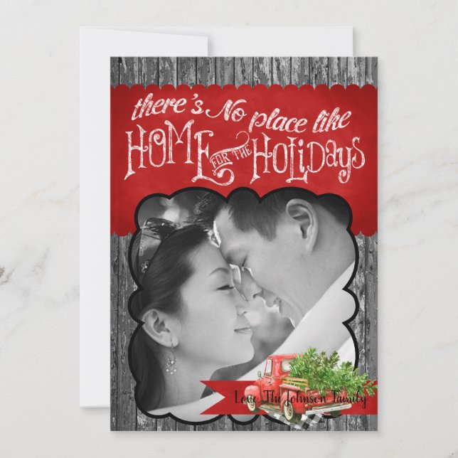5x7 XMAS Red Christmas Truck Tree Wood PHOTO Card (Front)
