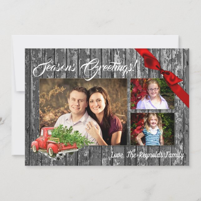 5x7 XMAS Red Christmas Truck Tree Wood PHOTO Card (Front)