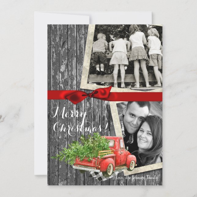 5x7  XMAS Red Christmas Truck Tree Wood PHOTO Card (Front)