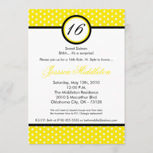 5x7 Yello White Polka Dot 16th Birthday Invitation