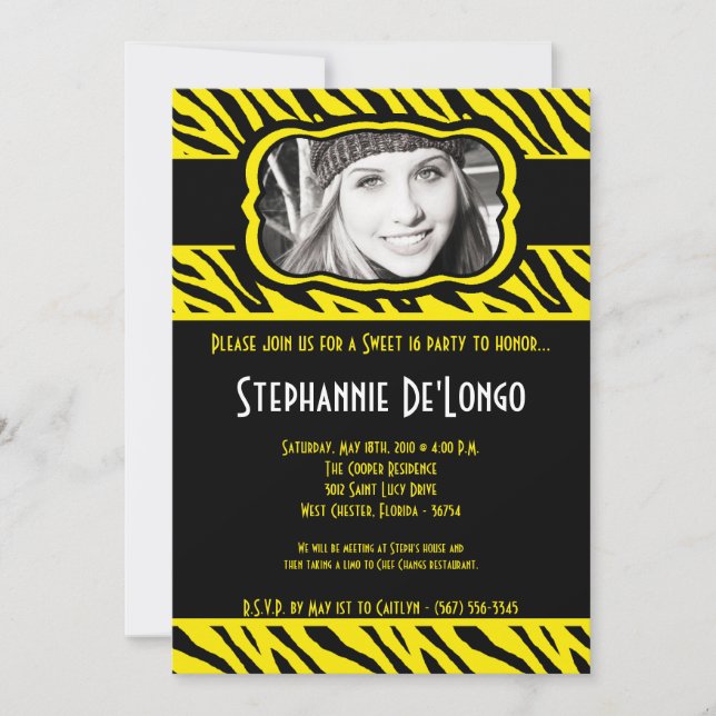 5x7 Yello Zebra PHOTO Sweet 16 Birthday Invitation (Front)