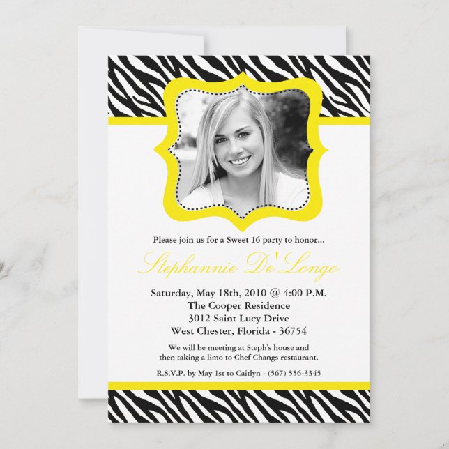 5x7 Yello Zebra PHOTO Sweet 16 Birthday Invitation (Front)