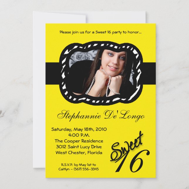 5x7 Yellow Band PHOTO Sweet 16 Birthday Invite (Front)