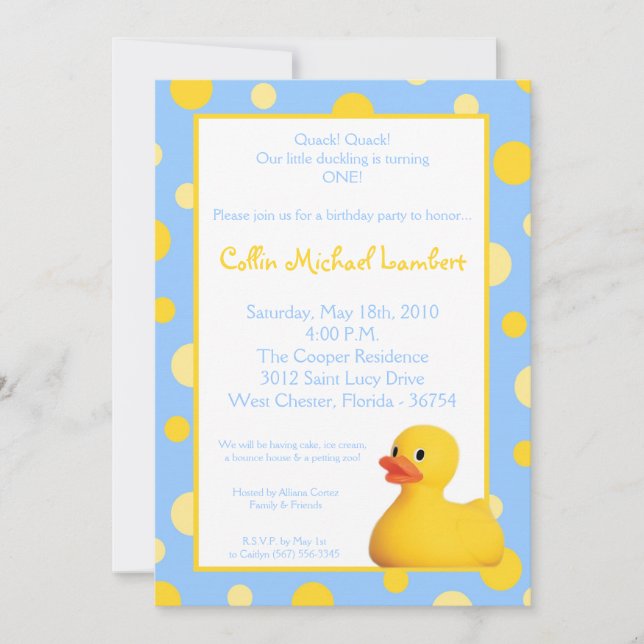 5x7 Yellow Blu Rubber Ducky Birthday Invitation (Front)