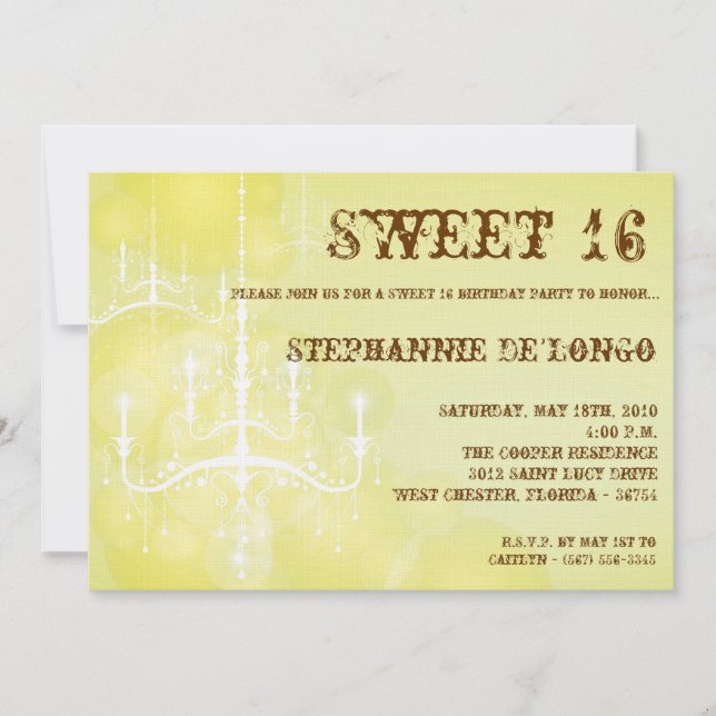 5x7 Yellow Chandelier Sweet 16 Birthday Invitation (Front)