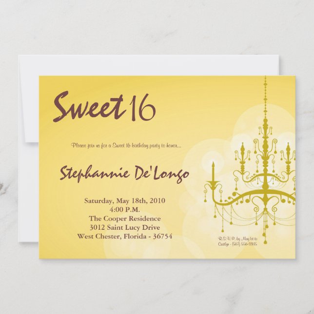 5x7 Yellow Chandelier Sweet 16 Birthday Invitation (Front)