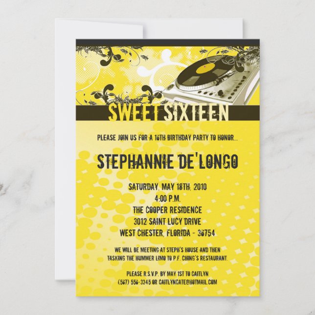 5x7 Yellow DJ Turntable16th Birthday Invitation (Front)