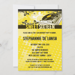 5x7 Yellow DJ Turntable16th Birthday Invitation