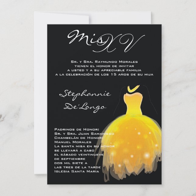5x7 Yellow Dress Quinceanera Birthday Invitation (Front)