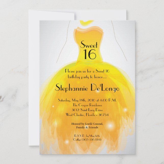 5x7 Yellow Dress Sweet 16 Birthday Invitation (Front)