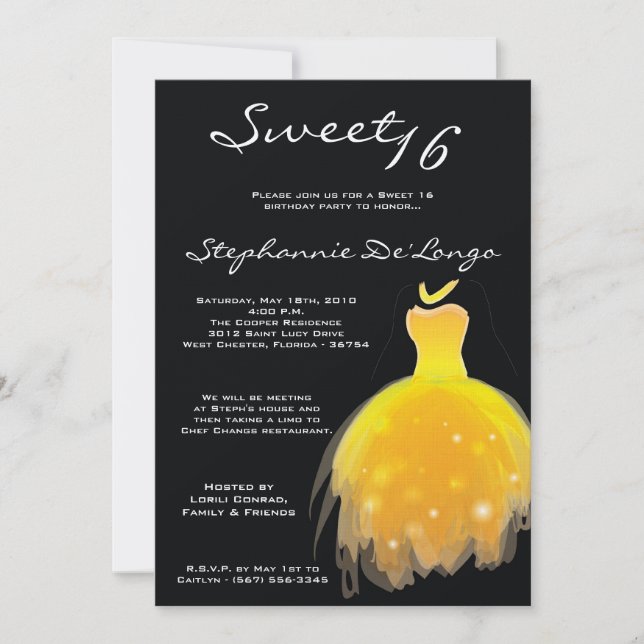5x7 Yellow Dress Sweet 16 Birthday Invitation (Front)