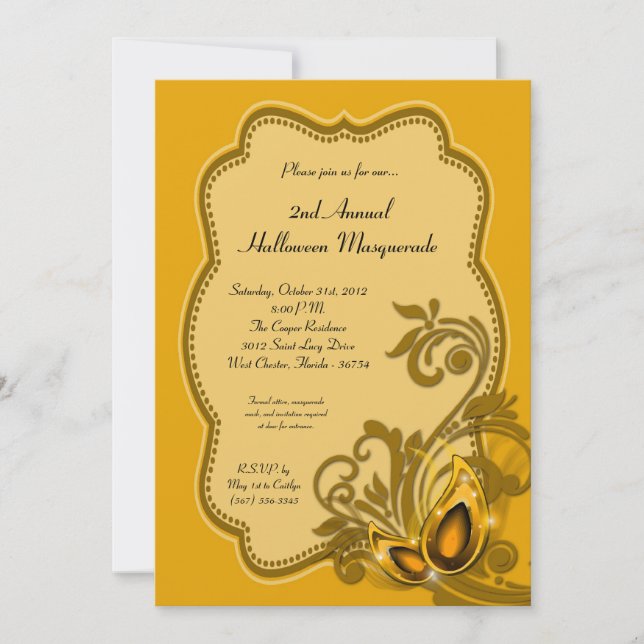 5x7 Yellow Masquerade Halloween Costume Invitation (Front)