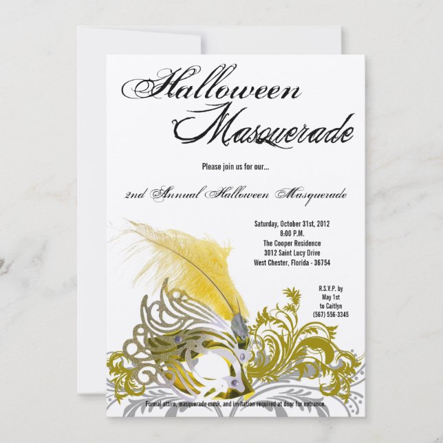 5x7 Yellow Masquerade Halloween Costume Invitation (Front)