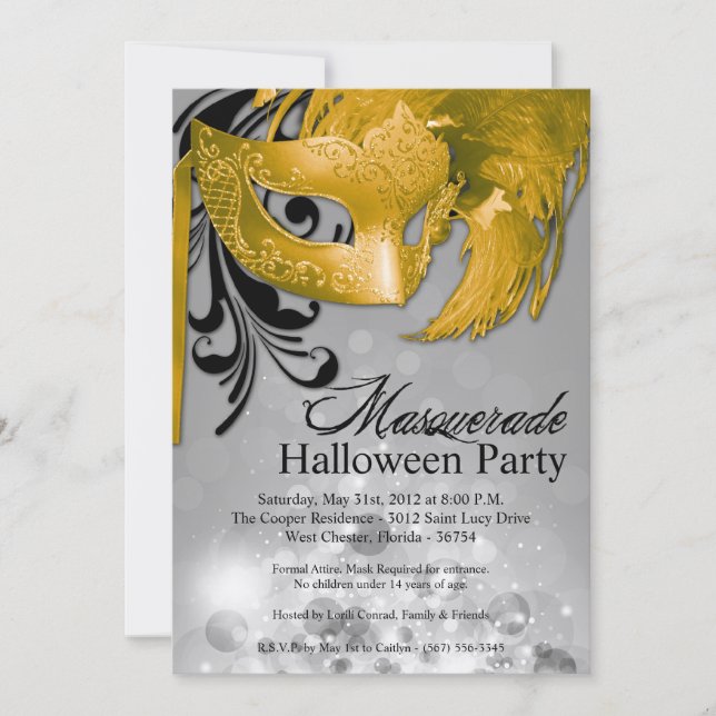 5x7 Yellow Masquerade Halloween Invitation (Front)