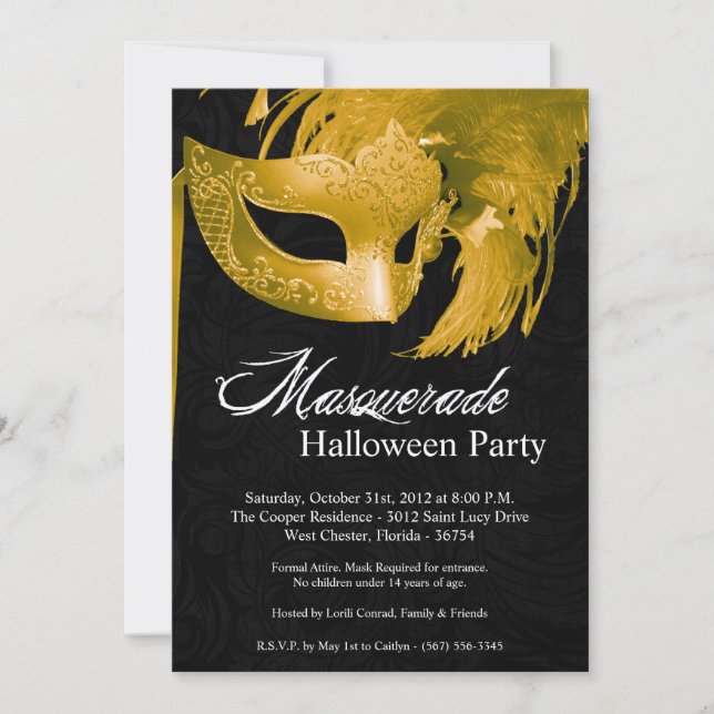 5x7 Yellow Masquerade Halloween Invitation (Front)