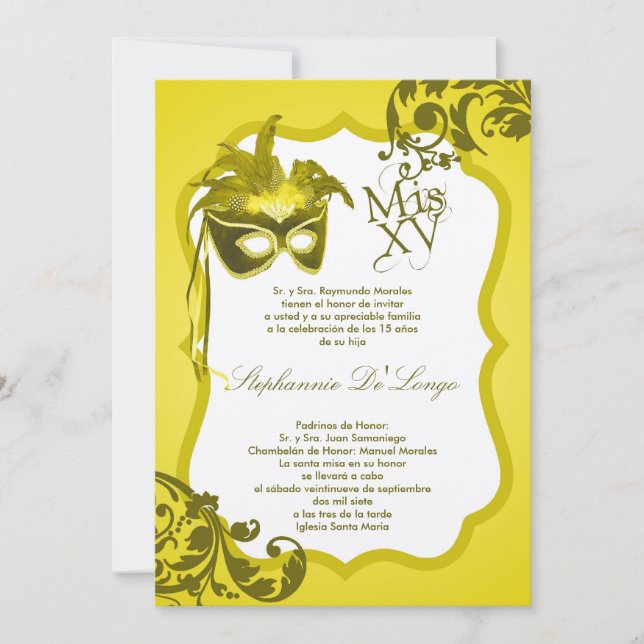 5x7 Yellow Masquerade Mask Quinceanera Invitation (Front)