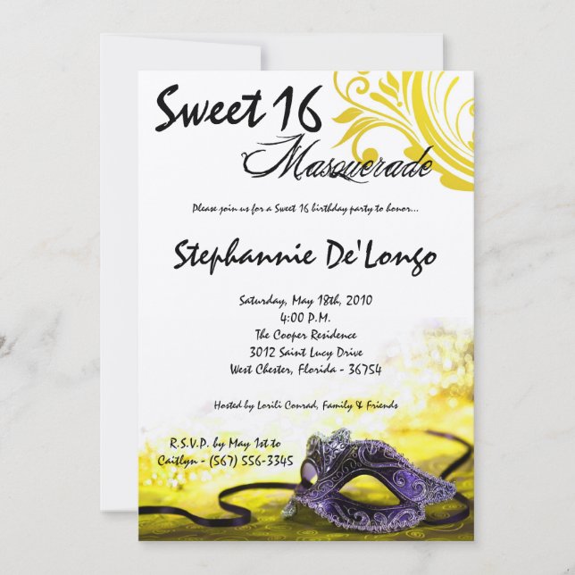 5x7 Yellow Masquerade Sweet 16 Birthday Invitation (Front)