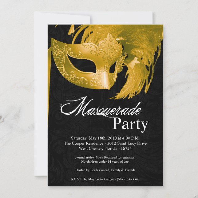 5x7 Yellow Masquerade Sweet 16 Birthday Invitation (Front)