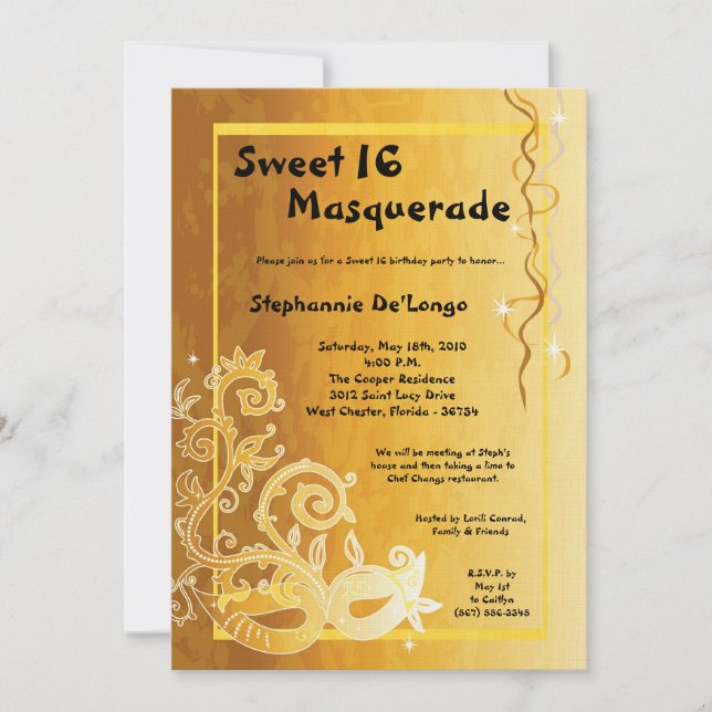 5x7 Yellow Masquerade Sweet 16 Birthday Invitation (Front)
