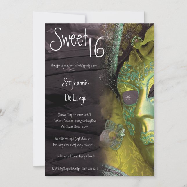 5x7 Yellow Masquerade Sweet 16 Birthday Invitation (Front)
