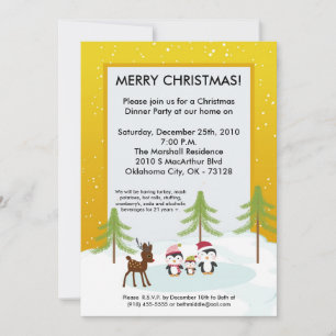 5x7 Yellow Penguin Deer Christmas Party Invitation