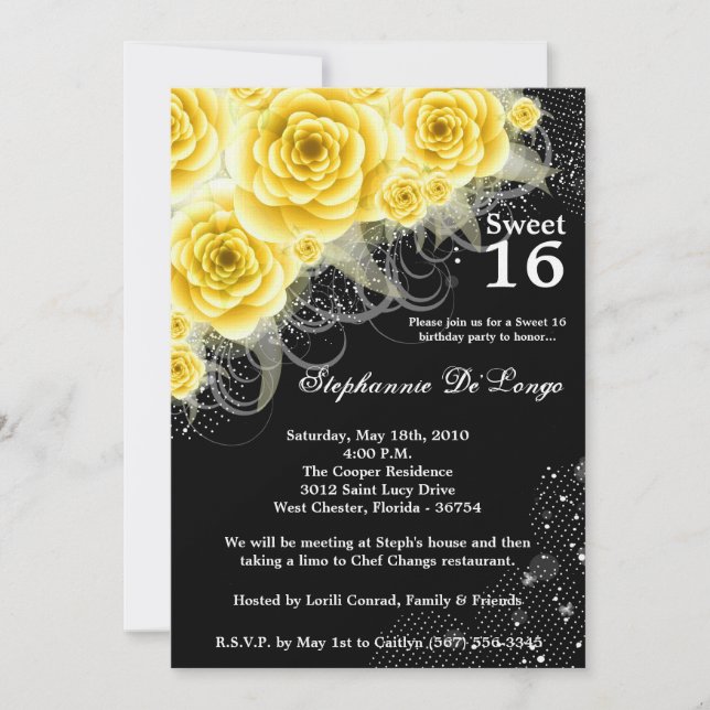 5x7 Yellow Roses Sweet 16 Birthday Invitation (Front)