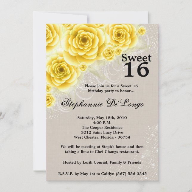 5x7 Yellow Roses Sweet 16 Birthday Invitation (Front)