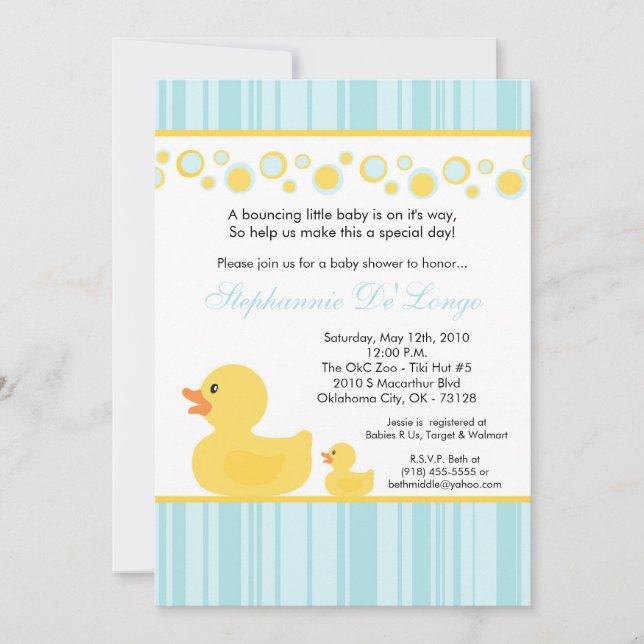 5x7 Yellow Rubber Ducky Baby Shower Invitation (Front)