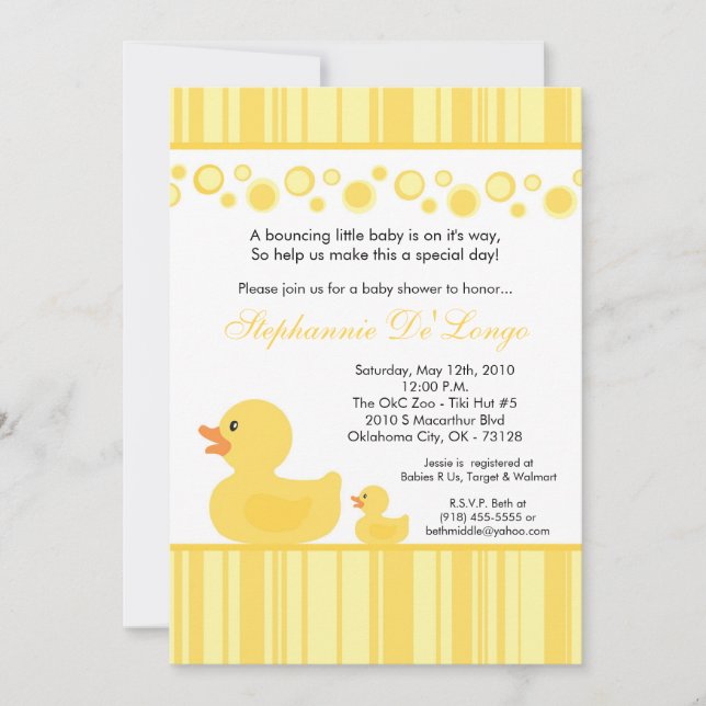 5x7 Yellow Rubber Ducky Baby Shower Invitation (Front)