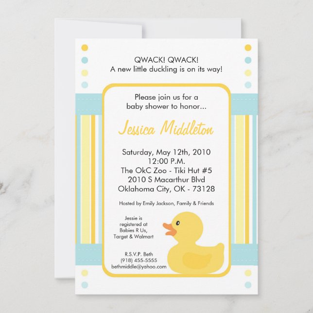 5x7 Yellow Rubber Ducky Baby Shower Invitation (Front)