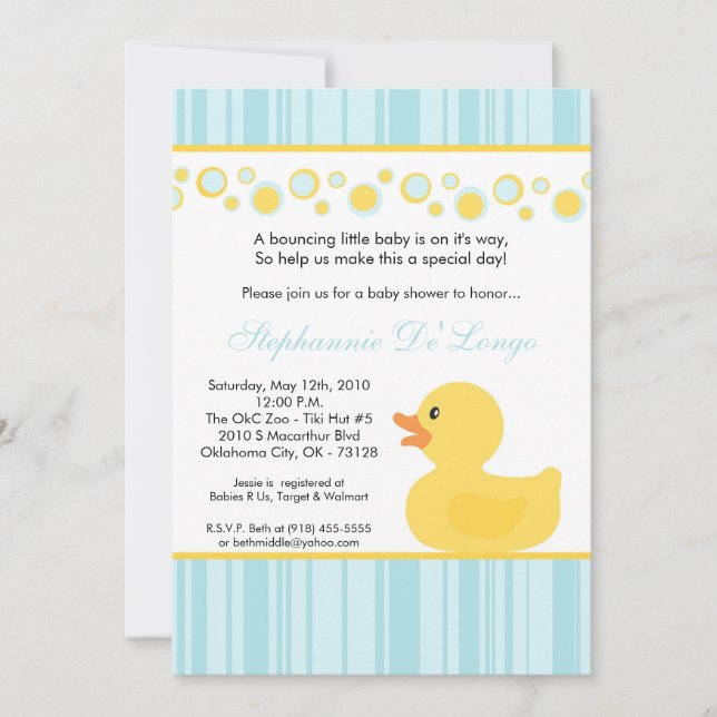 5x7 Yellow Rubber Ducky Baby Shower Invitation (Front)